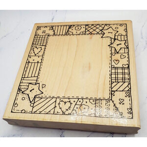 Country Patchwork Rustic Hearts Frame JRL Design Wood Mounted Rubber Stamp
